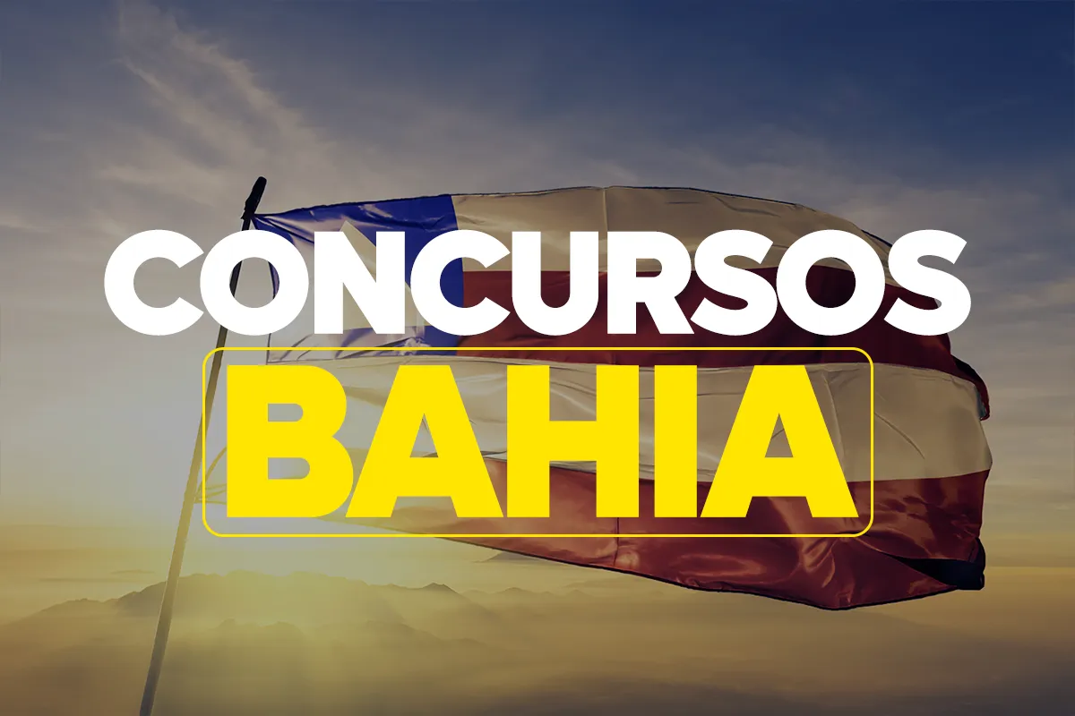  Bandeira da Bahia ao vento com texto em destaque de concursos abertos no estado