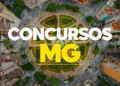 Vista aérea de uma rotatória urbana, com as palavras "CONCURSOS MG" em destaque, simbolizando oportunidades de concursos públicos em Minas Gerais, como o de Guarda Civil de Pedra Azul.