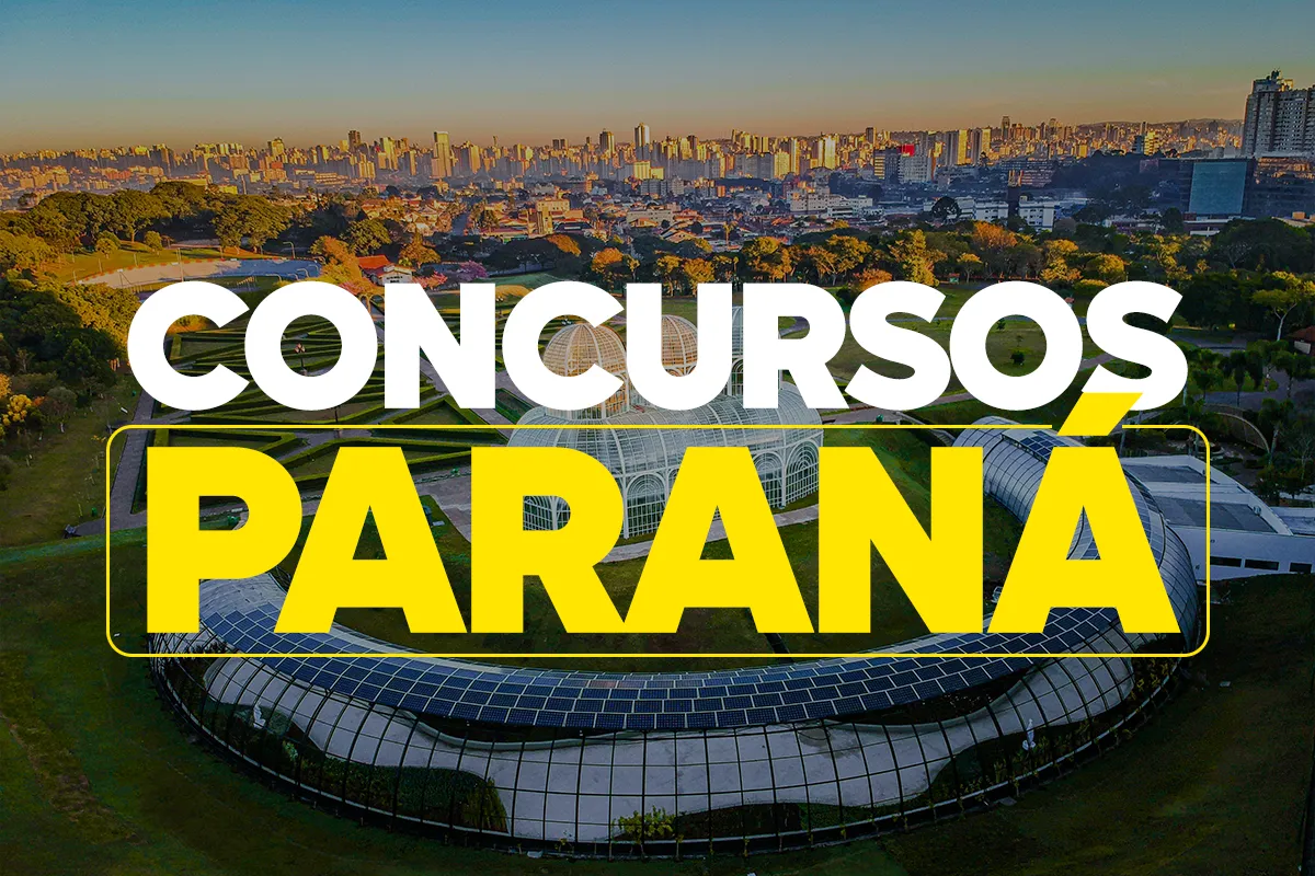 Vista aérea do Jardim Botânico de Curitiba com texto concursos Paraná sobreposto.
