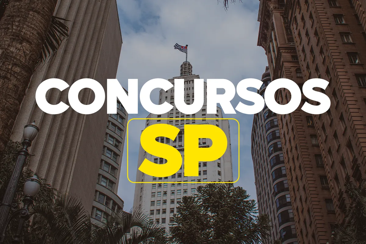 Imagem de prédios na cidade de São Paulo com destaque para a palavra CONCURSOS SP, representando oportunidades de concurso público no estado.