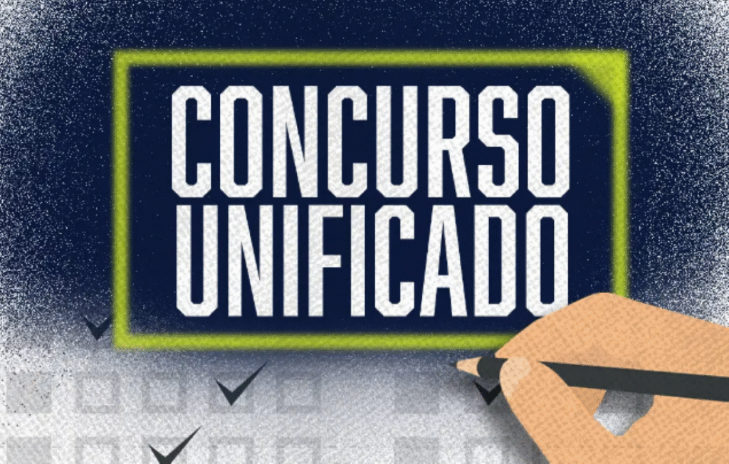 Cartaz ilustrativo do Concurso Unificado com mão preenchendo marcações.