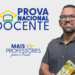 Professor sorridente com óculos e livro, em frente ao logo da Prova Nacional Docente (PND) e a chamada 'Mais Professores para o Brasil'.