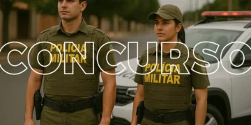 Dois policiais militares uniformizados à frente de viatura branca em rua residencial durante o dia