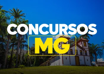 Fachada histórica em Minas Gerais com texto Concurso MG destacando oportunidades de concursos públicos no estado.