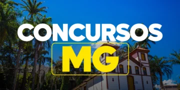 Fachada histórica em Minas Gerais com texto Concurso MG destacando oportunidades de concursos públicos no estado.