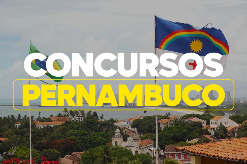 Bandeiras do Brasil e de Pernambuco tremulando sobre uma paisagem urbana, com os dizeres "CONCURSOS PERNAMBUCO" em destaque, simbolizando novas oportunidades.
