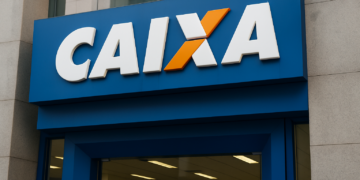 Fachada de agência da Caixa Econômica Federal com logo branco, azul e laranja em destaque