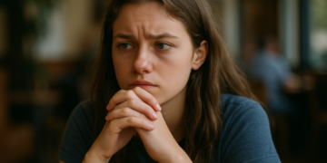Jovem estudante com expressão de dúvida e insegurança durante os primeiros dias de aula na faculdade.