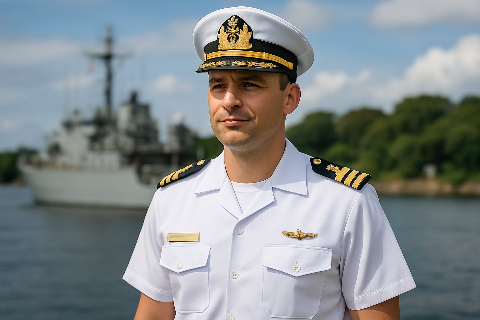 Oficial da marinha usando uniforme branco em frente a um navio