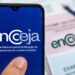 Aplicativo Encceja (Exame Nacional para Certificação de Competências de Jovens e Adultos) em tela de smartphone, com a inscrição oficial sobreposta ao logo em um fundo azul-escuro.