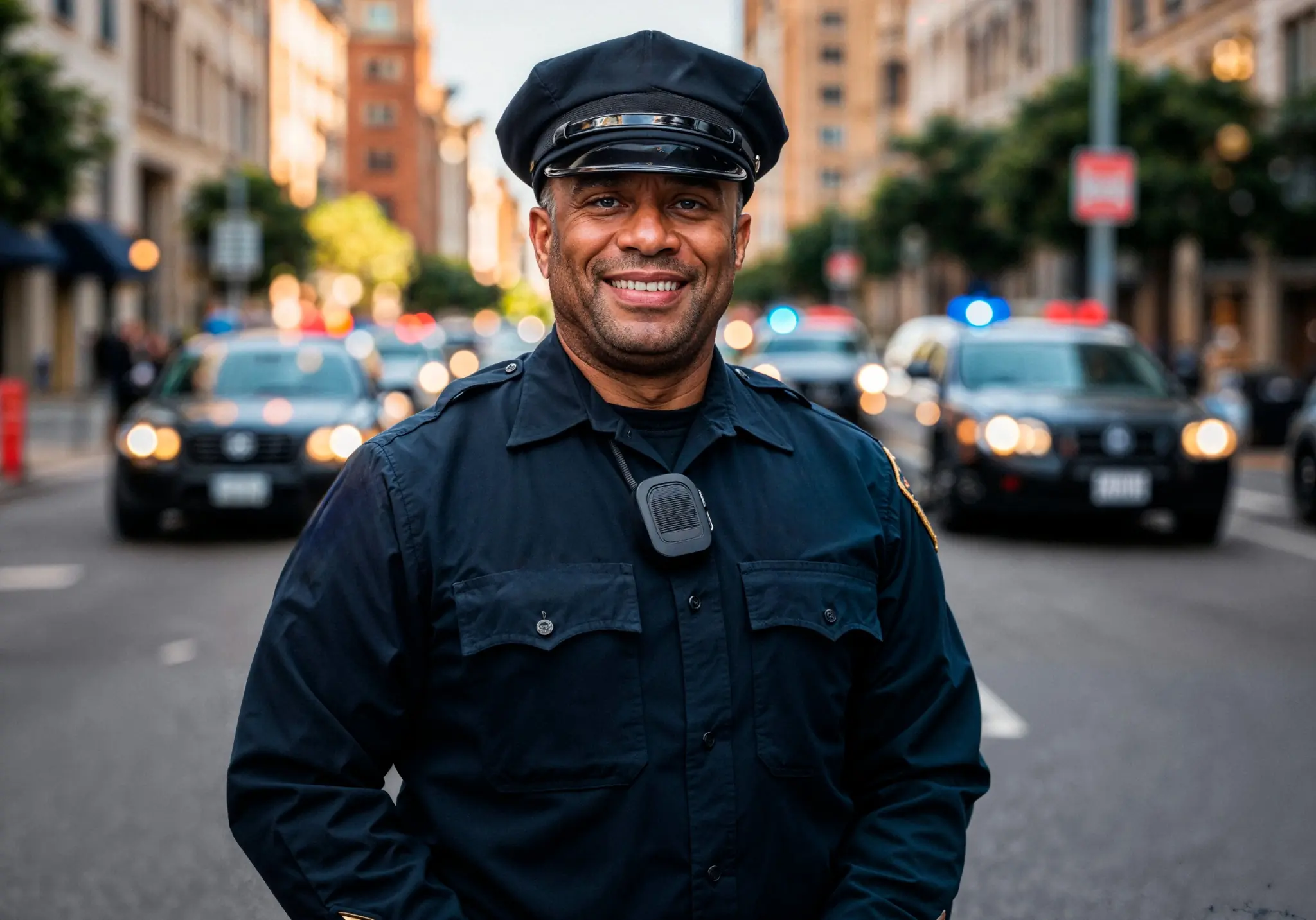 Policial masculino sorrindo na rua com uniforma azul escuro e carros de polícia ao fundo com luzes piscando