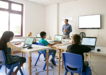 Professor explicando lição para alunos em sala de aula, todos com computadores, abordando conceitos do Sistema Nacional de Educação.