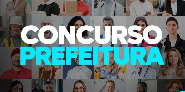 Montagem de profissionais de diversas áreas (médicos, professores, administrativos) simbolizando a variedade de vagas em concursos de Prefeituras do Mato Grosso (MT) com inscrições nos últimos dias.