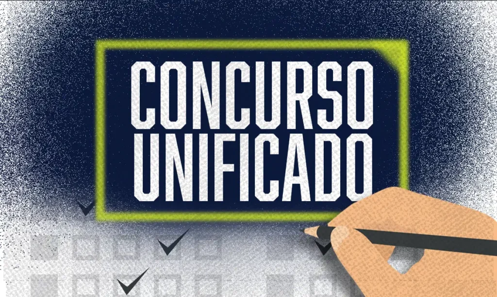 Mão preenchendo o cartão de confirmação de inscrição do Concurso Público Nacional Unificado (CPNU) em um fundo azul escuro com a palavra "CONCURSO UNIFICADO" em destaque.