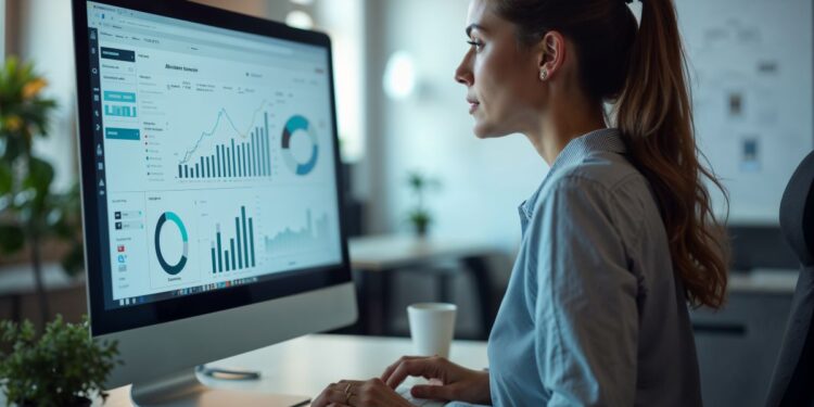 Mulher jovem em escritório moderno analisando gráficos de desempenho e métricas em um monitor de computador grande.