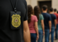 Distintivo da Polícia Civil e pessoas enfileiradas
