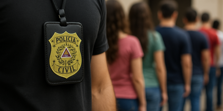 Distintivo da Polícia Civil e pessoas enfileiradas