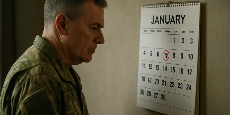 Homem em uniforme militar olhando atentamente para calendário com dia 12 de janeiro destacado em vermelho