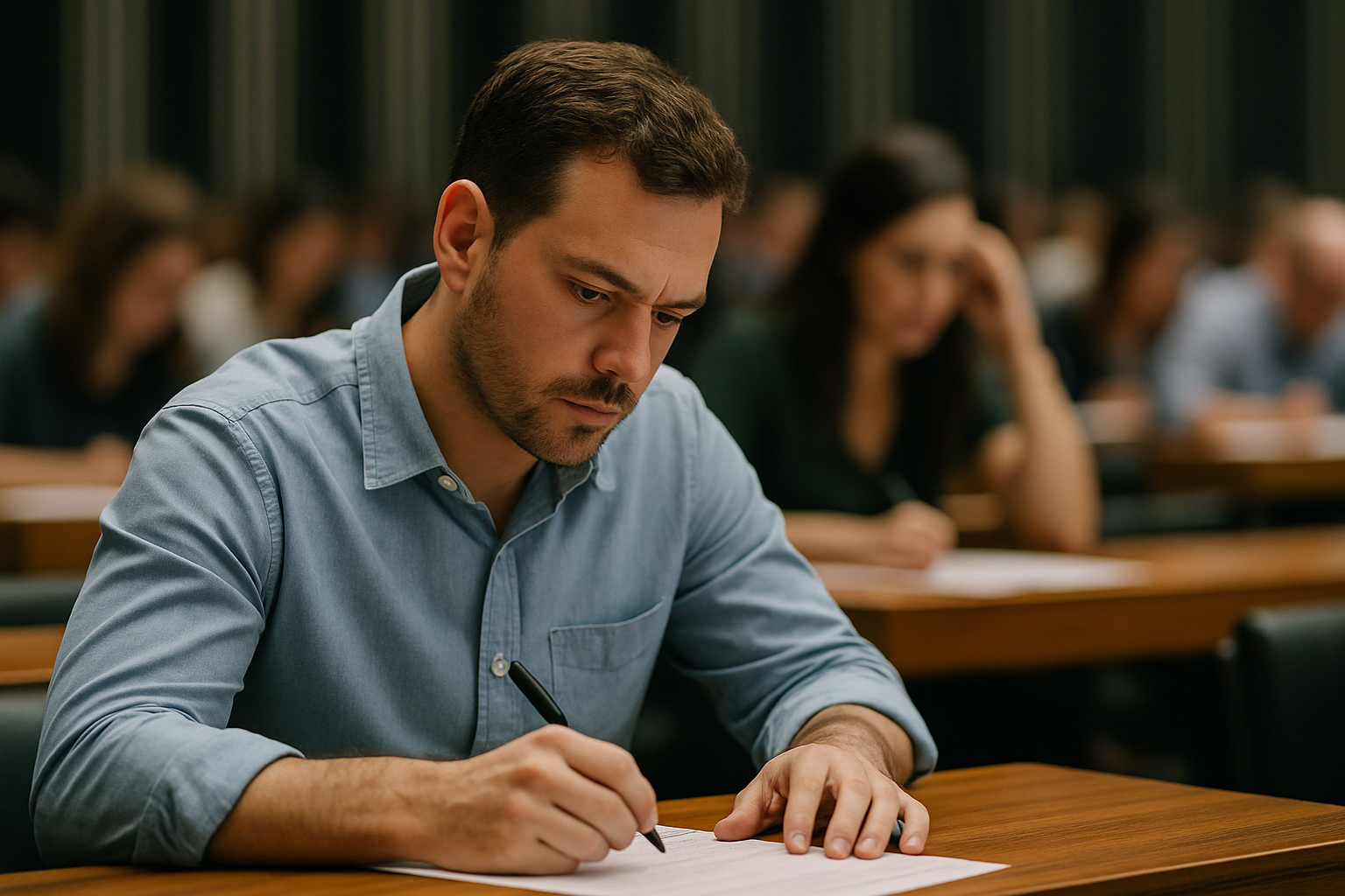 Concurso para Policial Legislativo em 2026. Homem concentrado realizando prova do Concurso para policial legislativo.