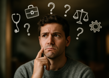 Jovem pensativo com ícones de profissões, escolhendo qual faculdade ingressar a partir do resultado do ENEM.