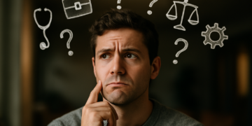 Jovem pensativo com ícones de profissões, escolhendo qual faculdade ingressar a partir do resultado do ENEM.