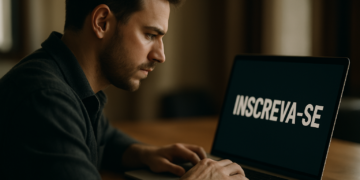 Jovem se inscreve no concurso da Câmara dos Deputados usando notebook.