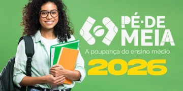 Jovem sorrindo com mochilas e cadernos, Pagamentos do pé de meia 2026.