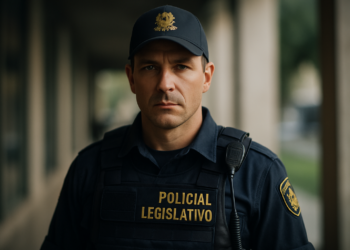 A imagem destaca um Policial Legislativo uniformizado, evidenciando a importância do cargo na segurança do Congresso Nacional.