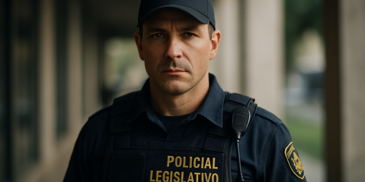 A imagem destaca um Policial Legislativo uniformizado, evidenciando a importância do cargo na segurança do Congresso Nacional.