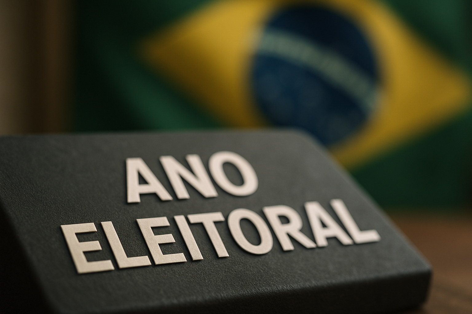 Mudanças nos concursos públicos em 2026. Placa com “Ano Eleitoral” e bandeira do Brasil ao fundo, simbolizando concursos públicos em ano eleitoral.