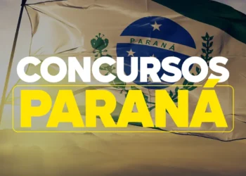 Imagem promocional do concurso público no Paraná, destacando o texto 'Concursos Paraná' sobre a bandeira do estado.