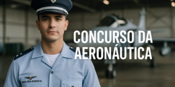 Jovem militar de uniforme da aeronáutica em hangar com avião ao fundo e texto concurso da aeronáutica.