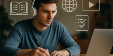 Jovem de fone estudando em laptop, ícones de aprendizado digital em destaque.