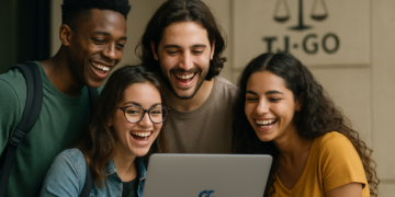 Grupo de quatro jovens sorrindo enquanto usam um laptop em frente ao Tribunal de Justiça de Goiás