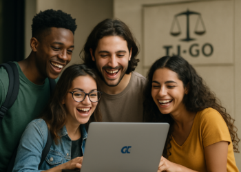 A imagem destaca diversidade, felicidade e o uso da tecnologia no preparo para desafios acadêmicos ou jurídicos. descrição Grupo de quatro jovens sorrindo enquanto usam um laptop em frente ao Tribunal de Justiça de Goiás.