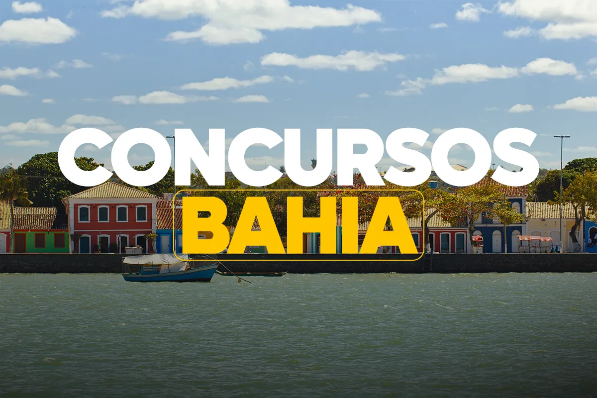 Concurso da Defensoria da Bahia. Imagem do estado da Bahia no fundo e nome ' Concurso-BA'.