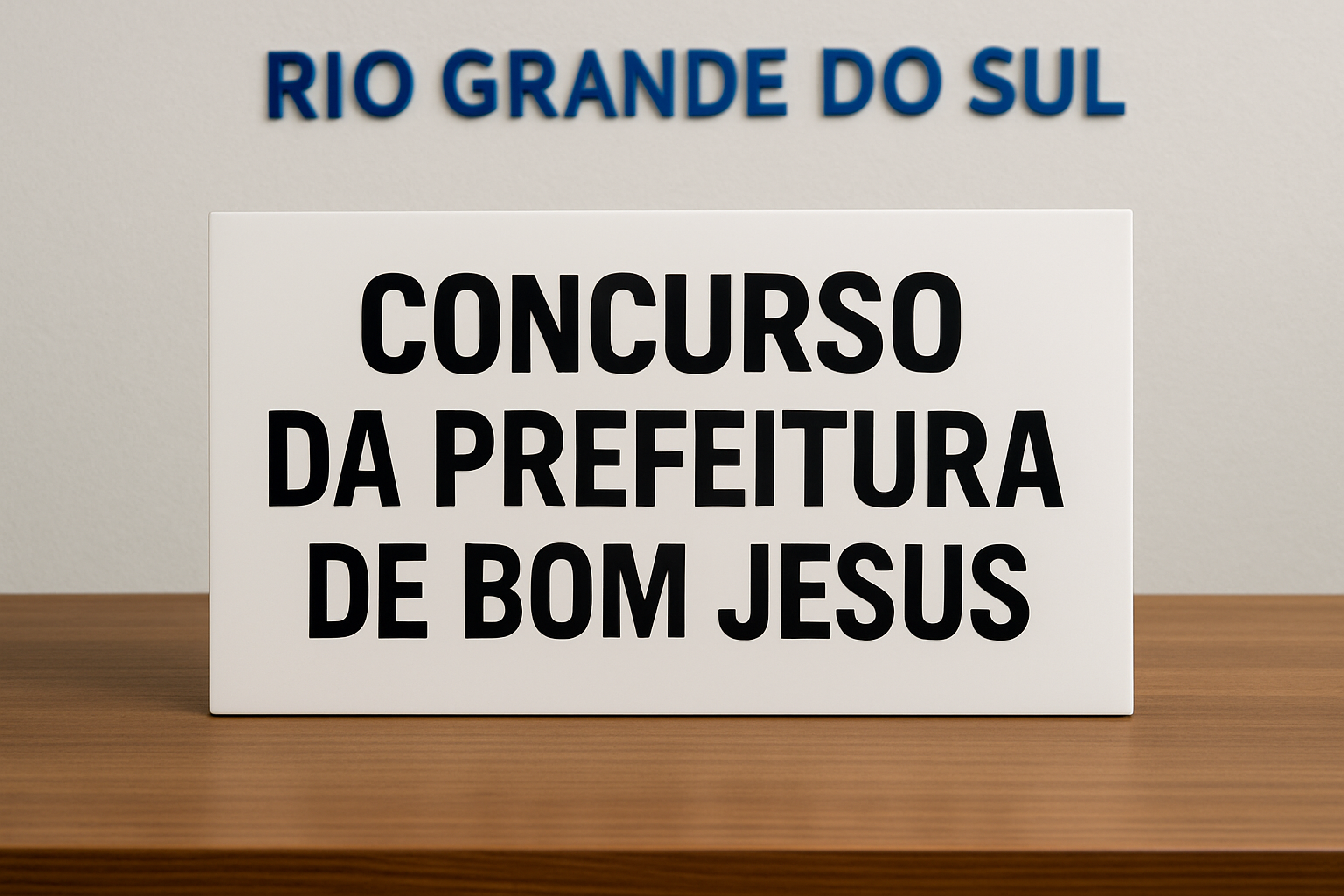Concurso da Prefeitura de Bom Jesus. Placa com os dizeres 'Concurso da Prefeitura de Bom Jesus' sobre uma mesa, com 'Rio Grande do Sul' ao fundo.