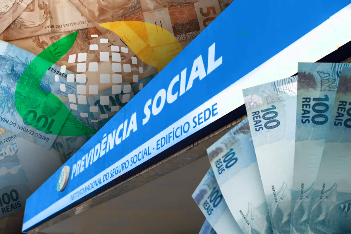 Concurso do INSS. Fachada do INSS com diversos valores de cédulas de reais ao redor em sobreposição.