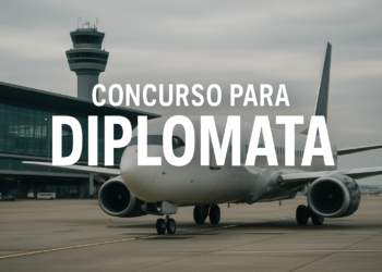 Avião estacionado em aeroporto com texto 'Concurso para Diplomata'.