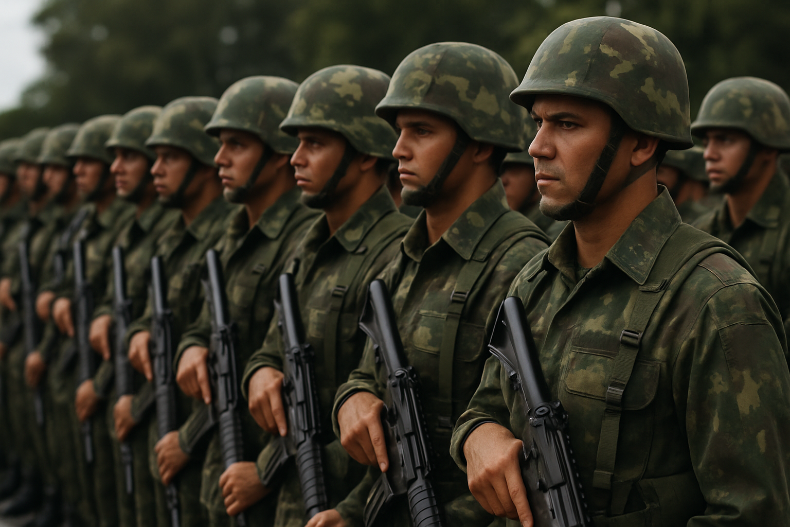 Fuzileiros Navais. Grupo de soldados uniformizados em posição de sentido com fuzis, olhando para frente ao ar livre.