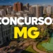 Letreiro “Concursos MG” sobreposto a foto do centro de Belo Horizonte com edifícios e praça.