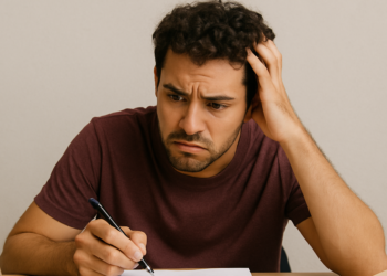 Homem sentado à mesa, olha preocupado para caderno com as palavras “descansar” e “descançar”