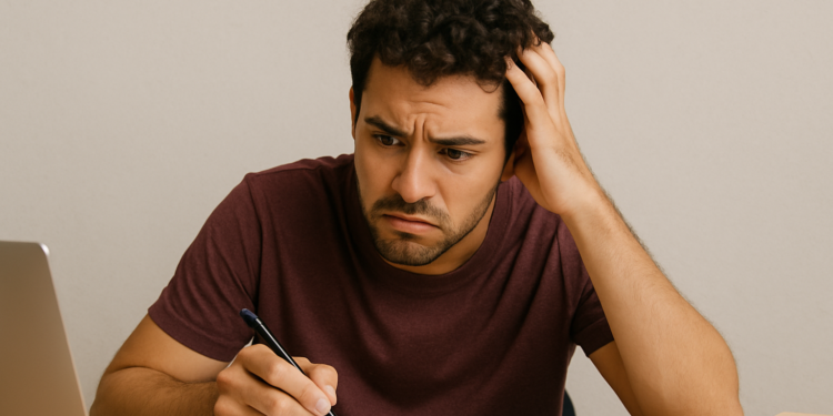 Homem sentado à mesa, olha preocupado para caderno com as palavras “descansar” e “descançar”