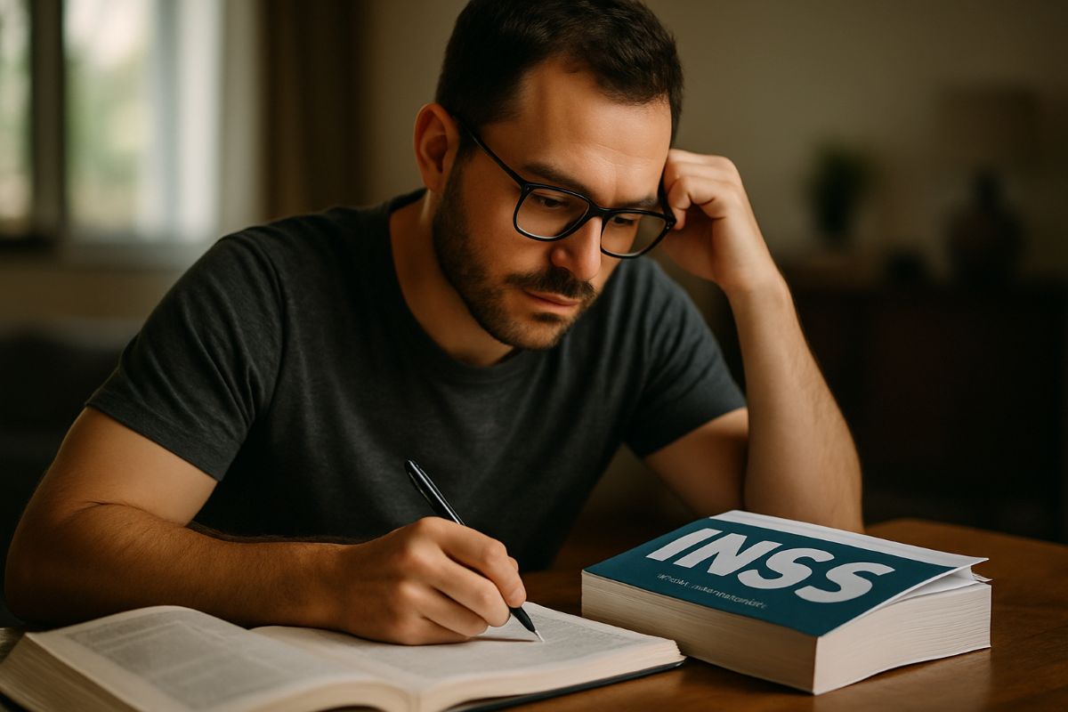 Preparação antecipada é fundamental para o concurso do INSS em 2026 Candidato estudando para o concurso do INSS com livros e material de apoio sobre a mesa