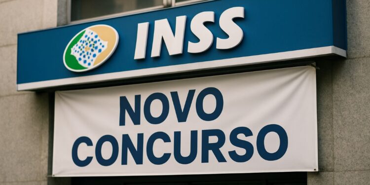 Fachada do INSS com faixa anunciando novo concurso devido a mais de 23 mil cargos vagos em 2026