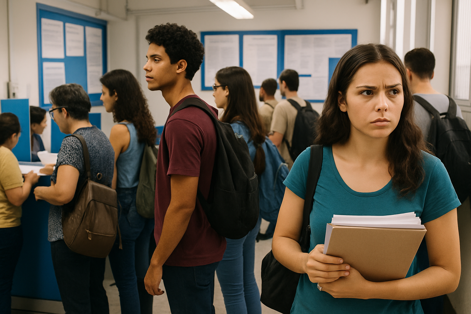 Estudantes aguardando resultado da pré-seleção do Prouni 2026 Jovens com mochilas em fila e mulher apreensiva segurando documentos em sala de atendimento