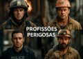 Profissionais de áreas de risco reunidos em montagem que representa as profissões mais perigosas do Brasil em 2026.