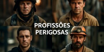 Profissionais de áreas de risco reunidos em montagem que representa as profissões mais perigosas do Brasil em 2026.