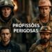 Profissionais de áreas de risco reunidos em montagem que representa as profissões mais perigosas do Brasil em 2026.