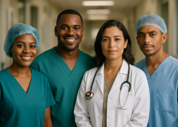 Quatro profissionais de saúde em uniformes e jaleco posam juntos em corredor hospitalar bem iluminado.